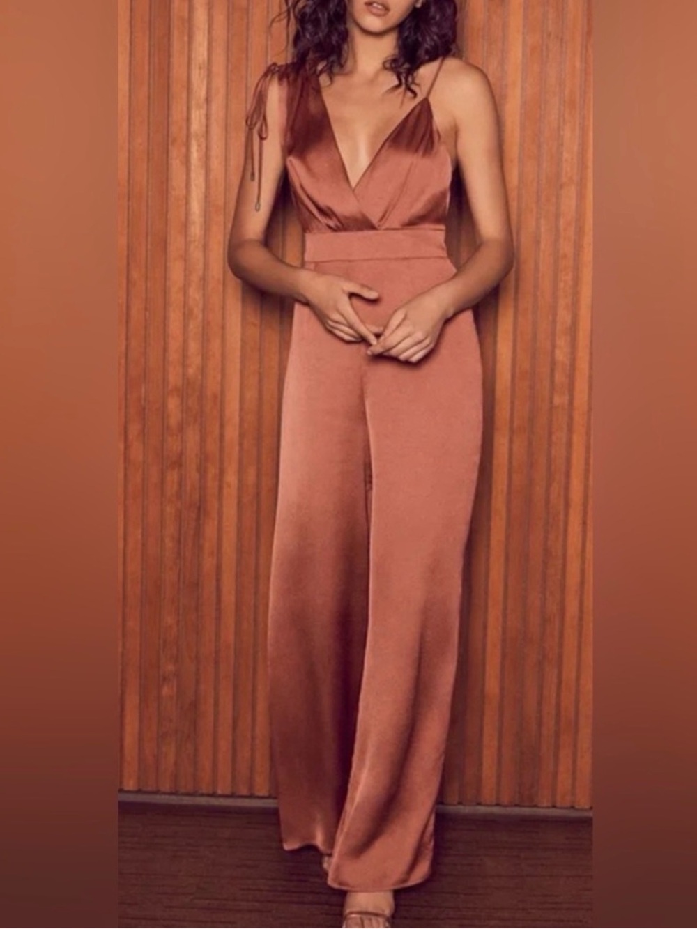 Lulu's Satin V-Neck Wide-Leg Jumpsuit in Copper